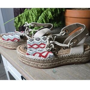 Sam Edelman Beaded Espadrille Platform Sandals Lace-Up Leather Sole Size 6
